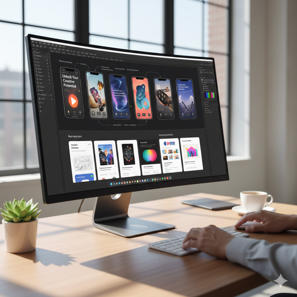 Designer preparing app store screenshots on a computer screen