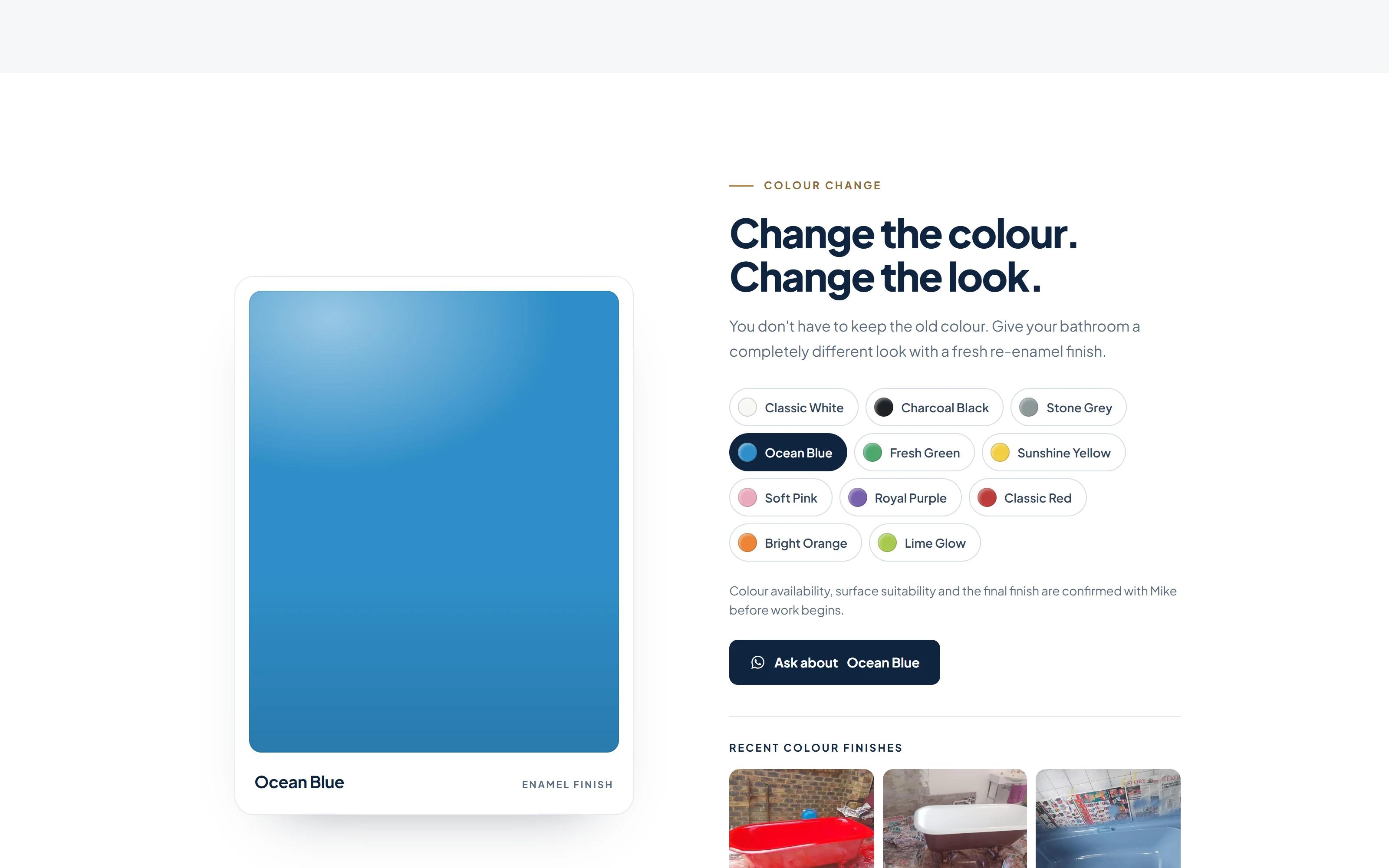 Colour options: eleven enamel finishes with an Ocean Blue preview