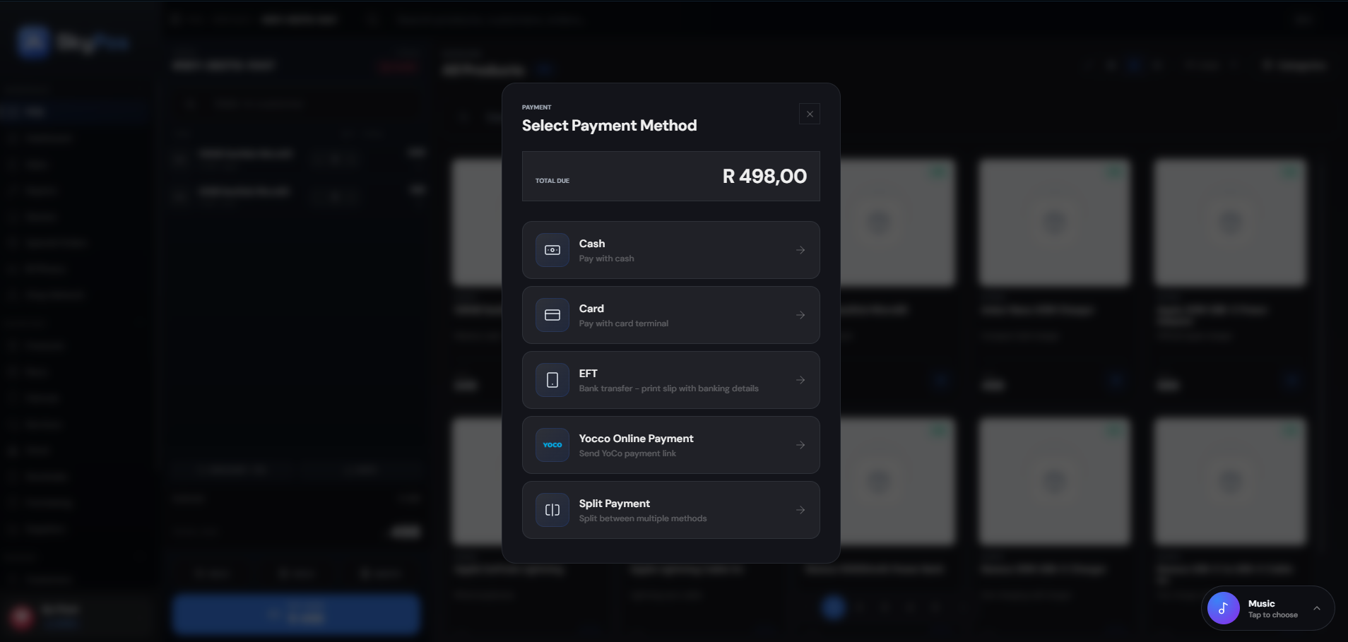 Taking payment by cash, card, EFT, Yoco or a split across methods