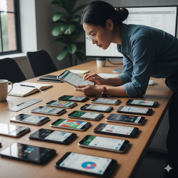 Multiple iPhones and Android devices running test builds 