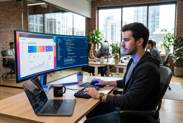 An Articsoft developer building a web dashboard on a wide monitor