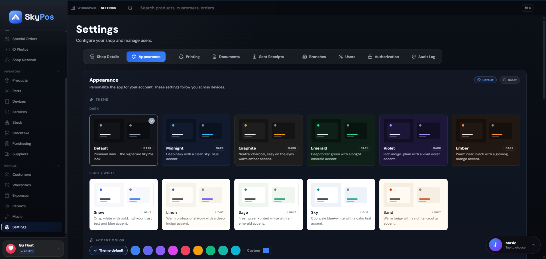 Shop settings, with themes, branches, users, roles and an audit log