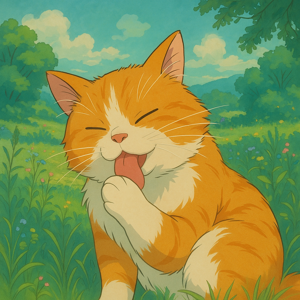 毛づくろいする猫のジブリ風イラスト