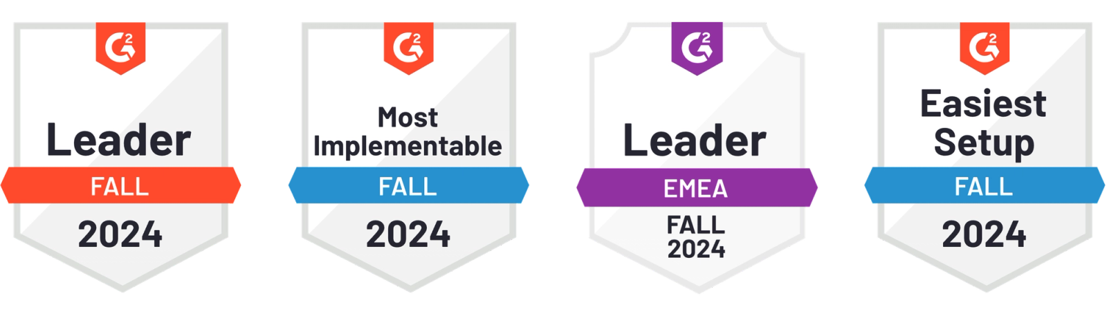 G2 Badges from 2024 – Leader, Most Implementable, EMEA Leader, and Easiest Setup