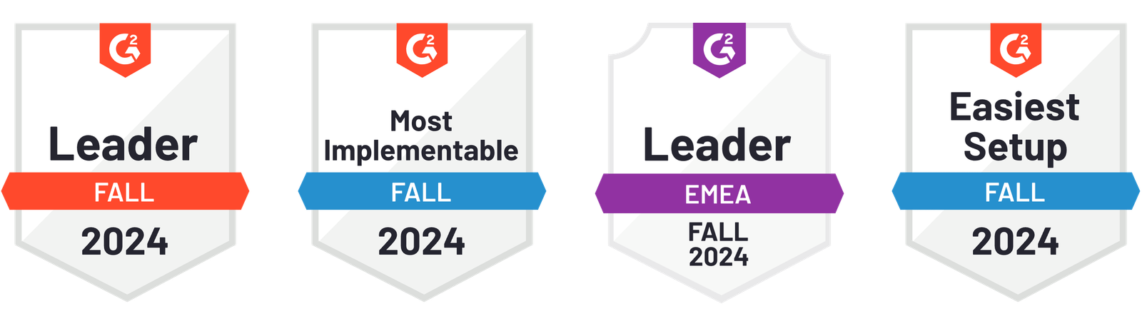 G2 Badges from 2024 – Leader, Most Implementable, EMEA Leader, and Easiest Setup