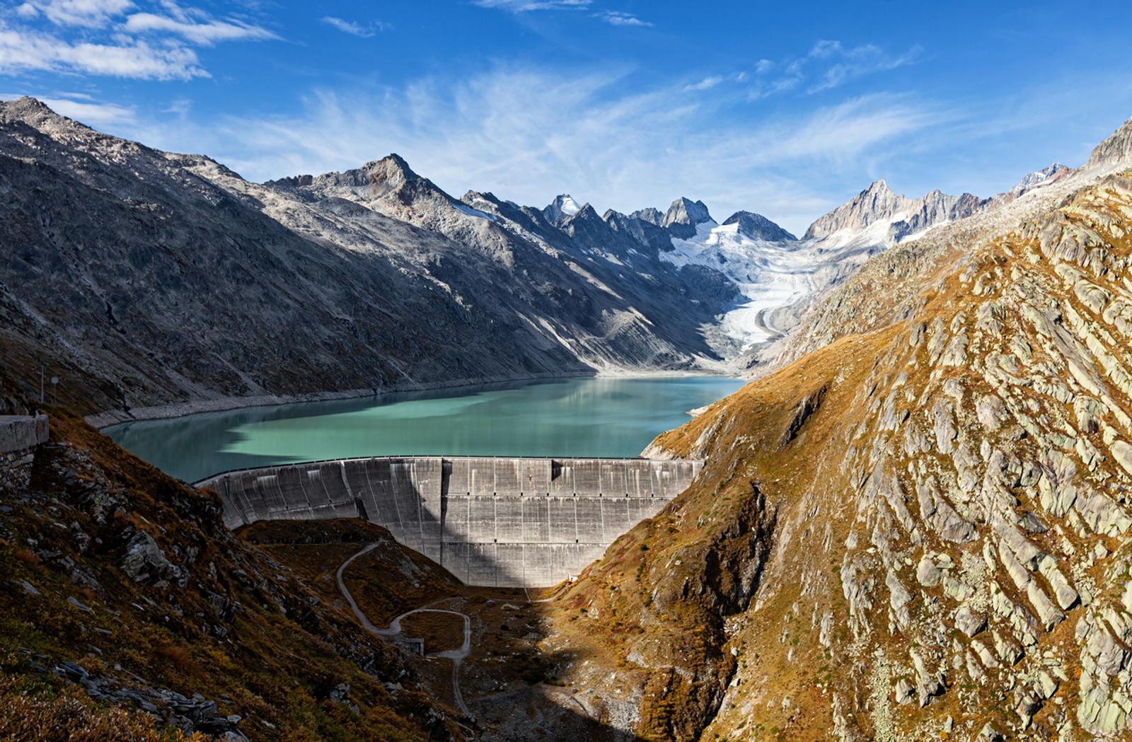 Oberaar lake (Oberaarsee), dam, and Glacier (Oberaargletscher) in Switzerland