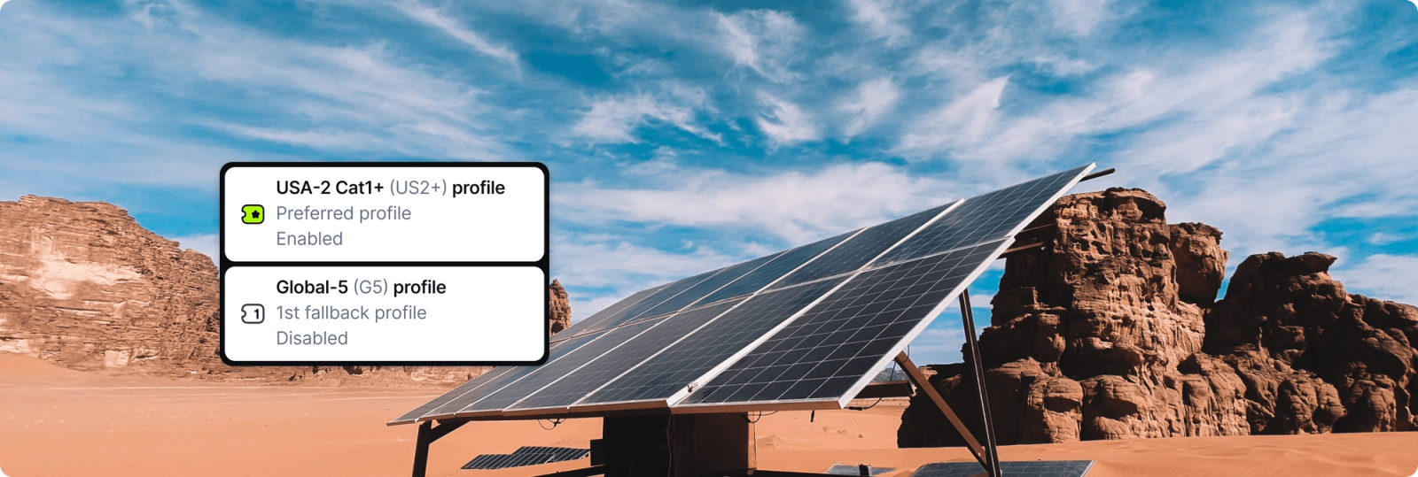 Different profiles in the Hologram dashboard on top of a solar panel in the desert