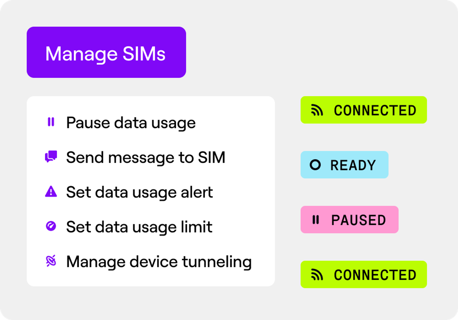 An illustration of the manage SIMs menu in the Hologram dashboard