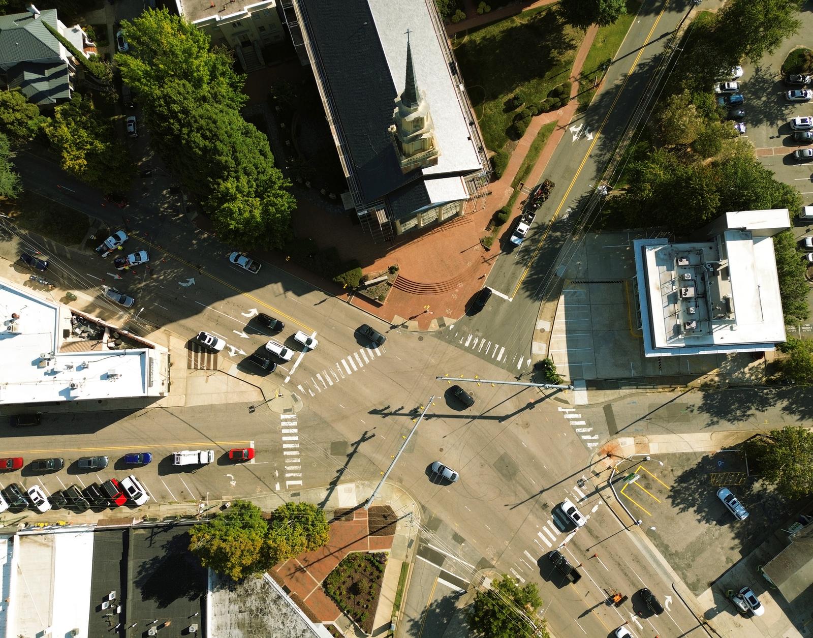 Traffic at 5 Points intersection in Hayes Barton, Raleigh North Carolina