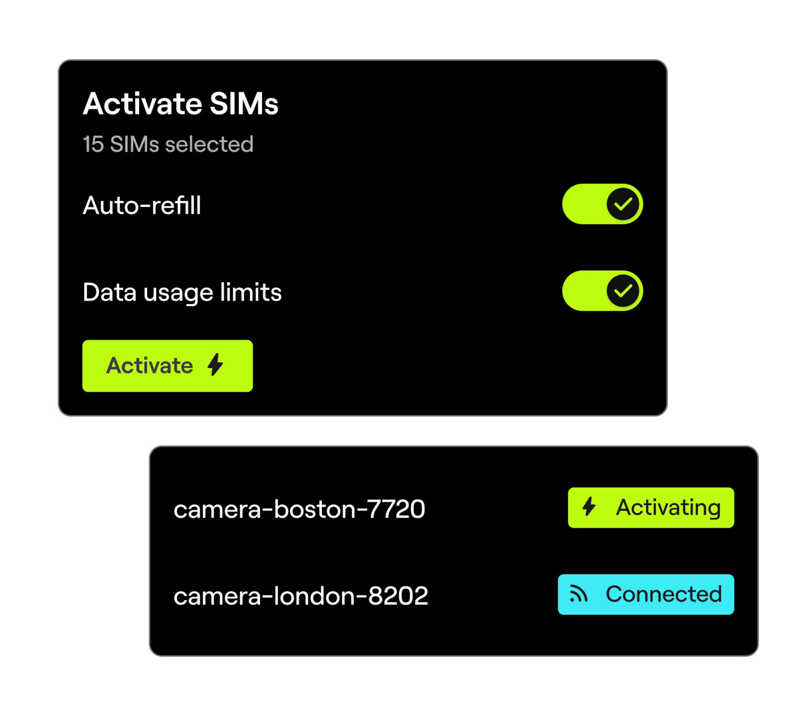 An illustration of devices in the Hologram dashboard and their statuses