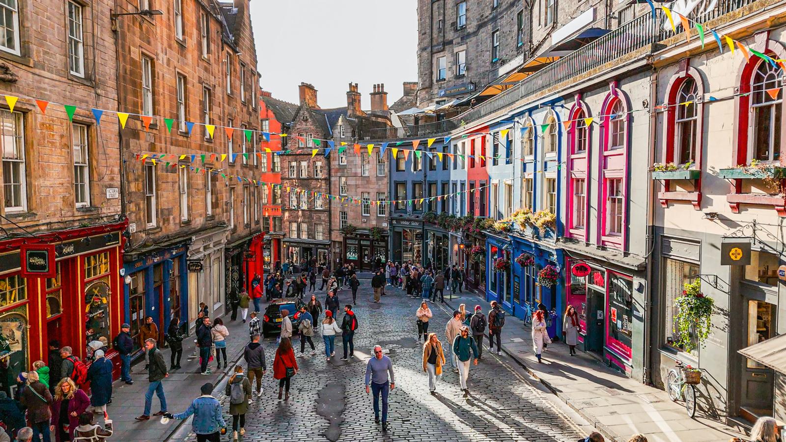 view of the famous colorful Victoria Street in Edinburgh, Scotland, England