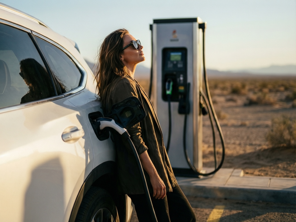 A woman charging her EV in a remote location