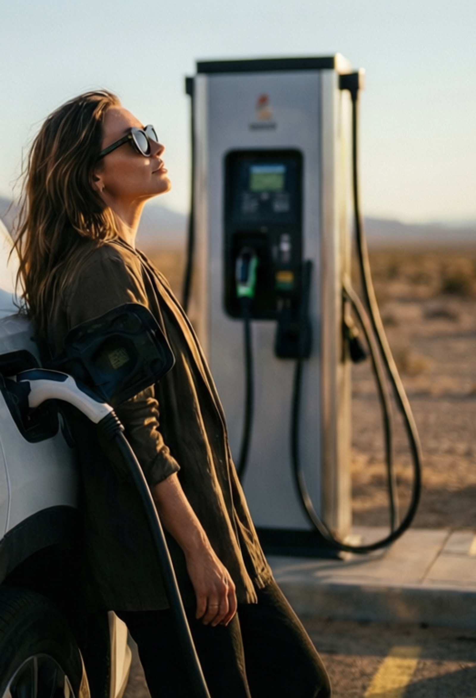 A woman charging her EV in a remote location