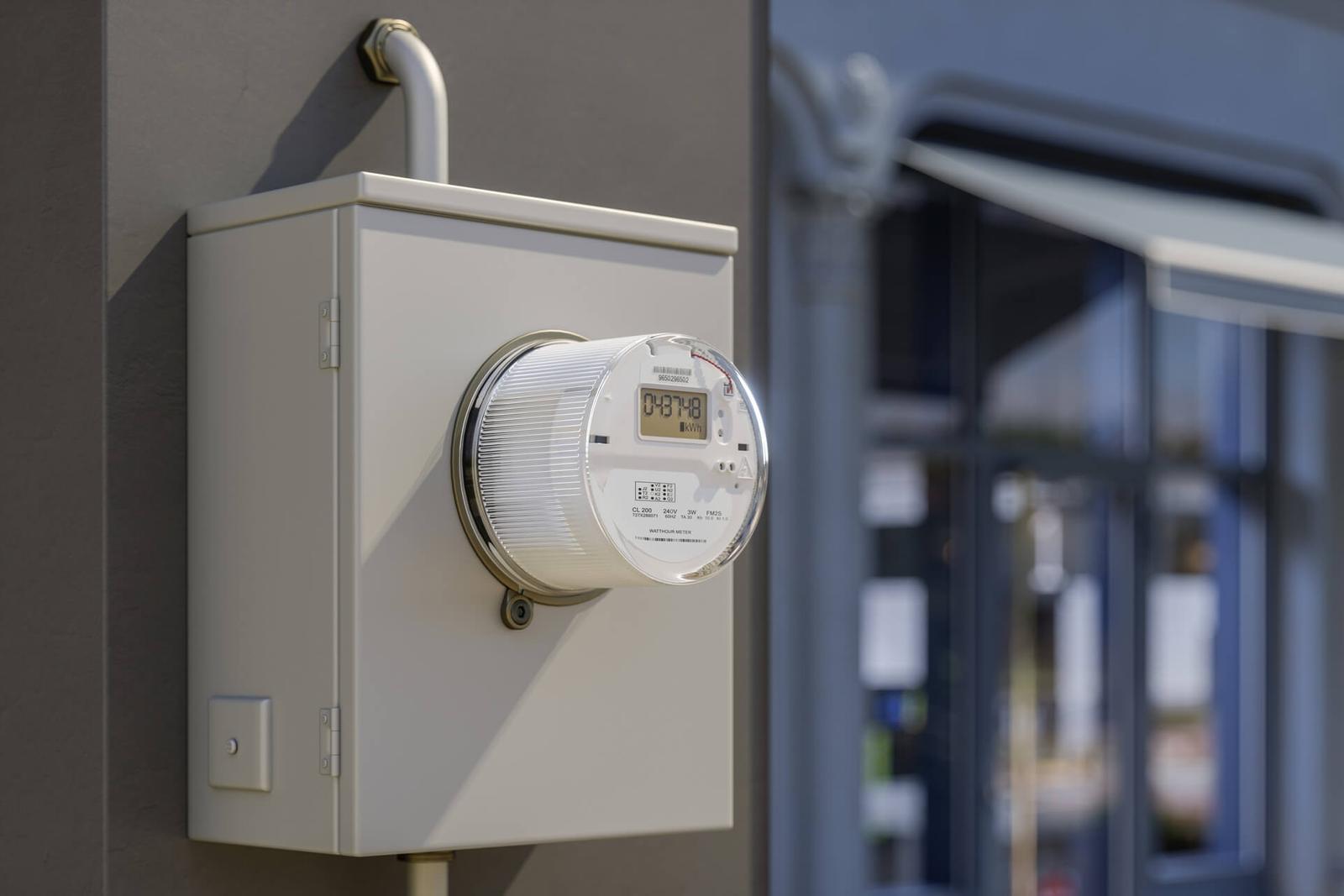 Close-up View Of Electric Meter On Building Facade