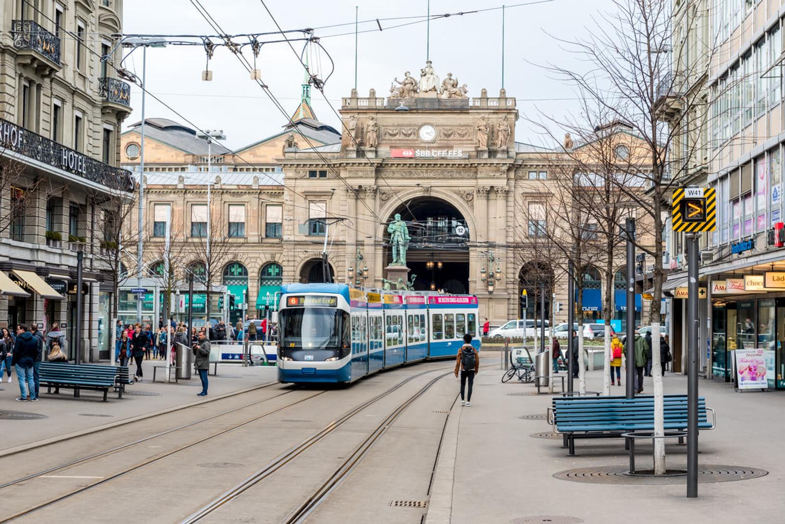 Bahnhofstrasse in the centre of Zürich, Switzerland Tram trains, pedestrians and shops all visible on this main thoroughfare in Zurich