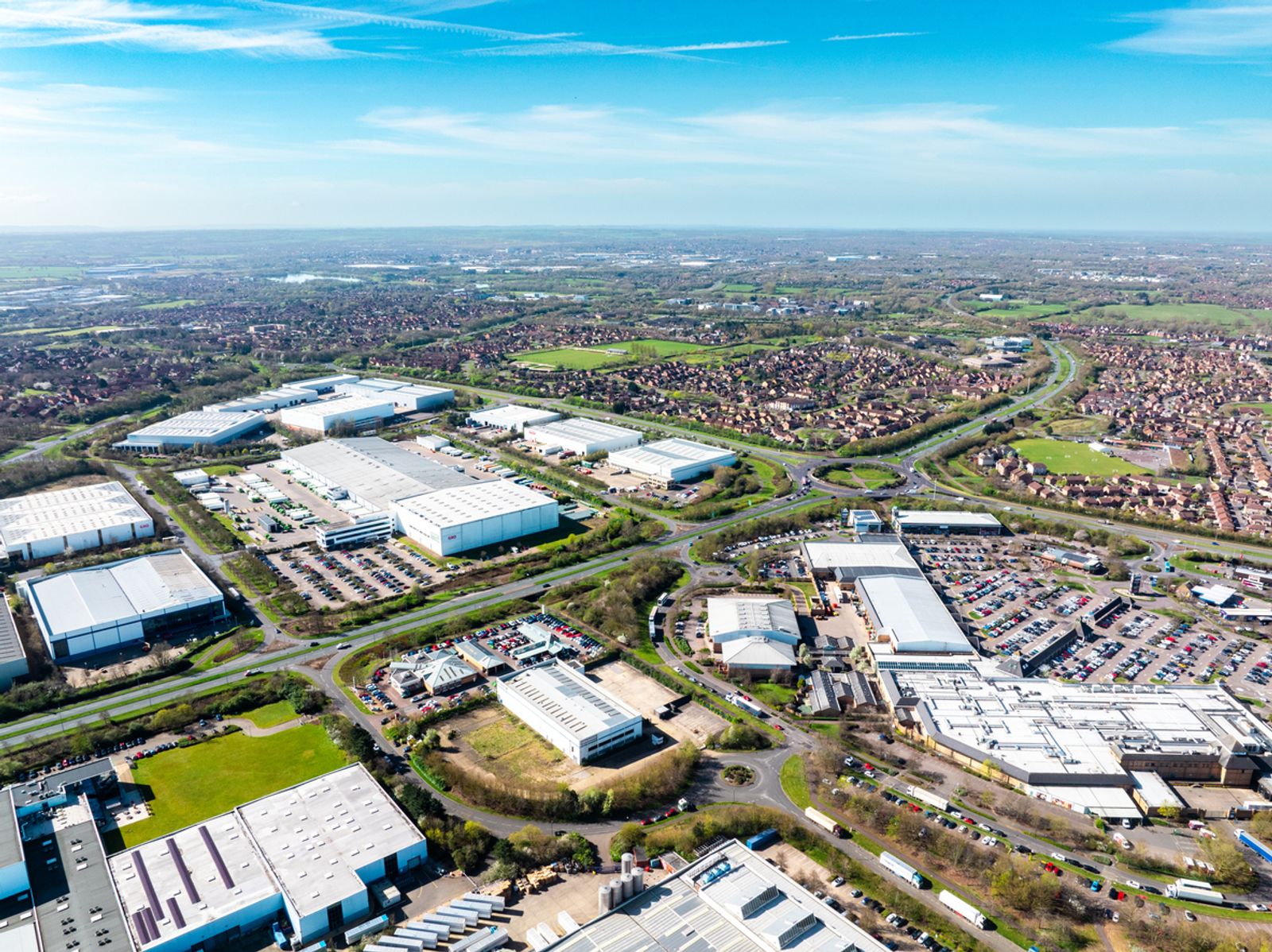 Drone view of warehouses in Dunstable, UK