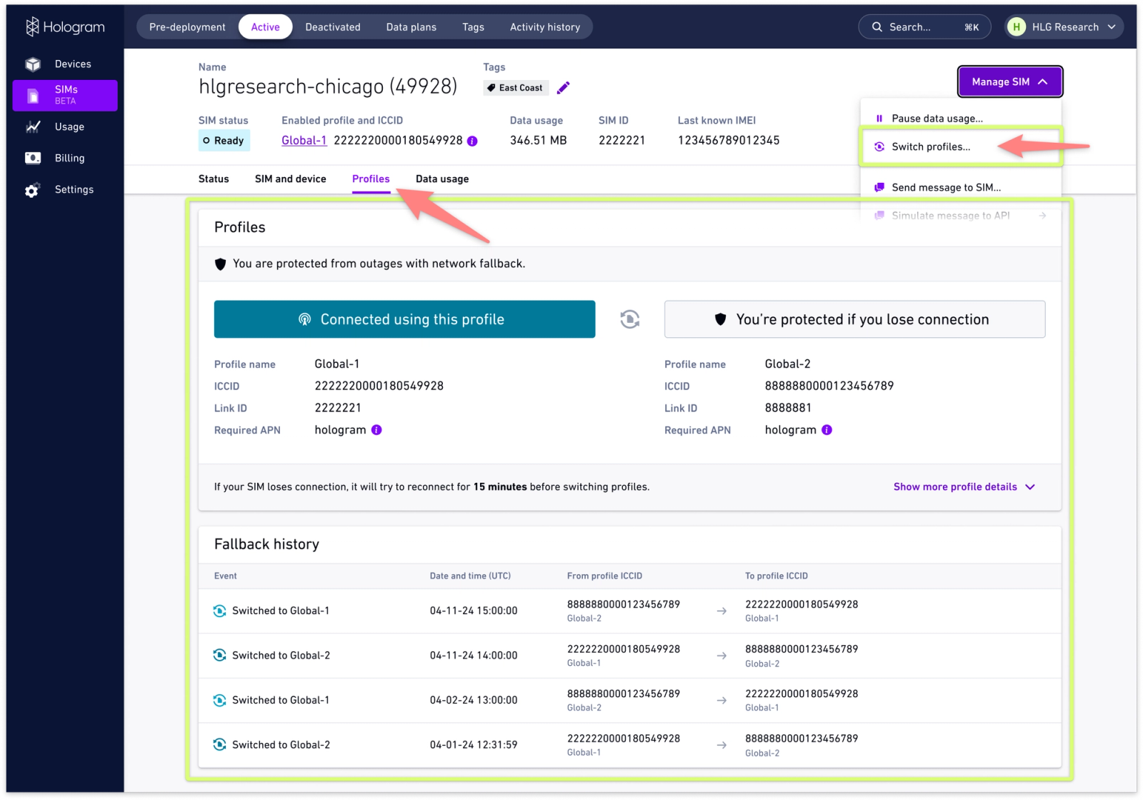 Dual-Core SIM management in the Hologram Dashboard