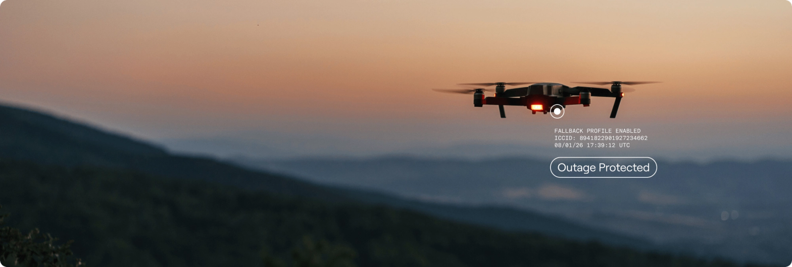 A drone flying at sunset, with a text overlay that an outage was avoided