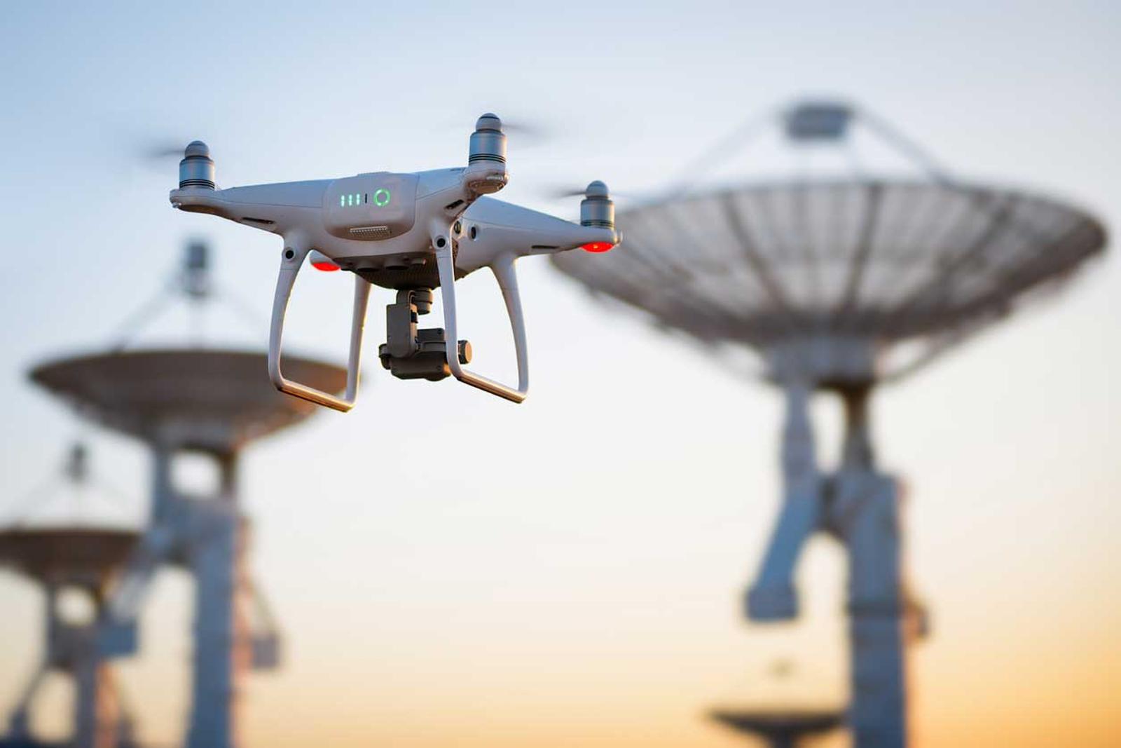 Phantom drone hovering next to radio antennas