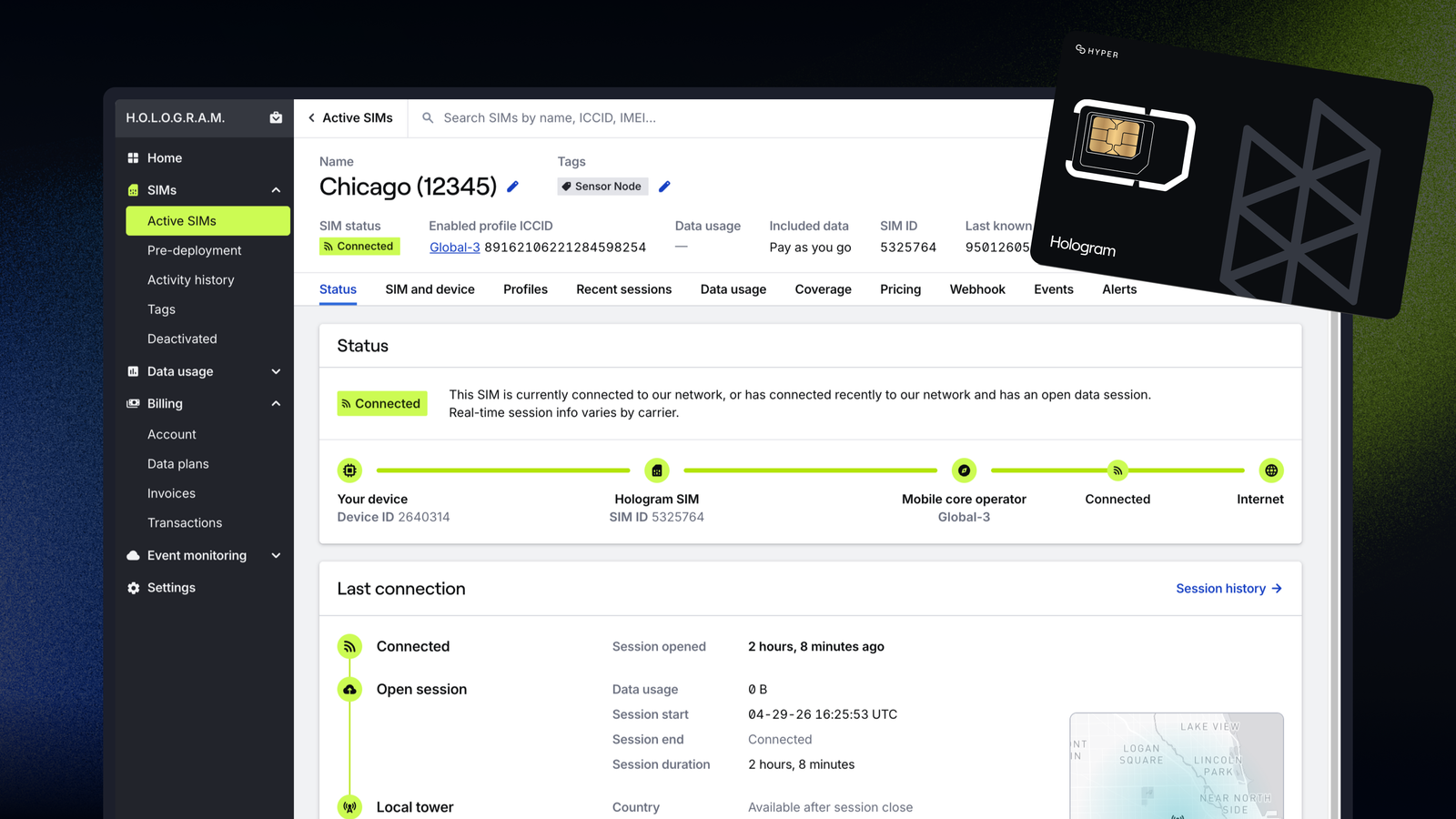 Hologram SIM detail page and Hyper SIM