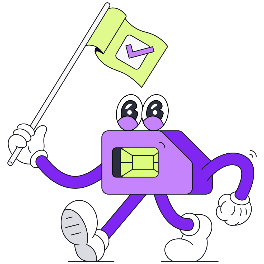 A happy SIM card waves a flag