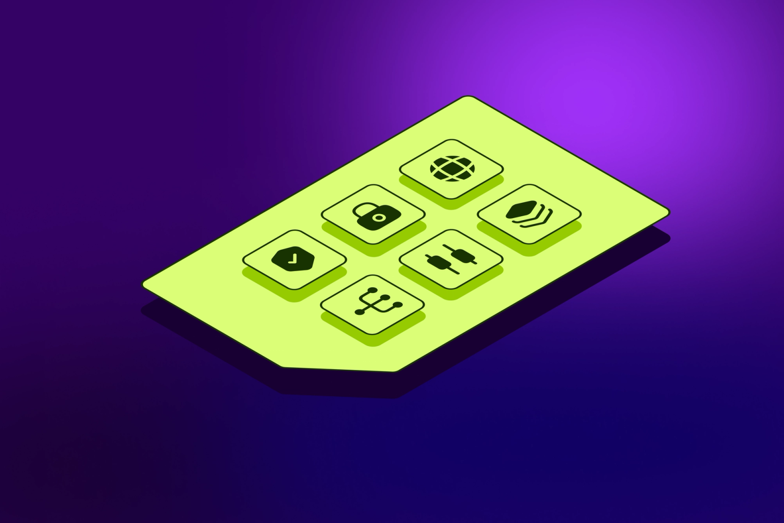 A chartreuse yellow SIM card on an eggplant purple background - the SIM card has icons for connectivity, security, location and more.