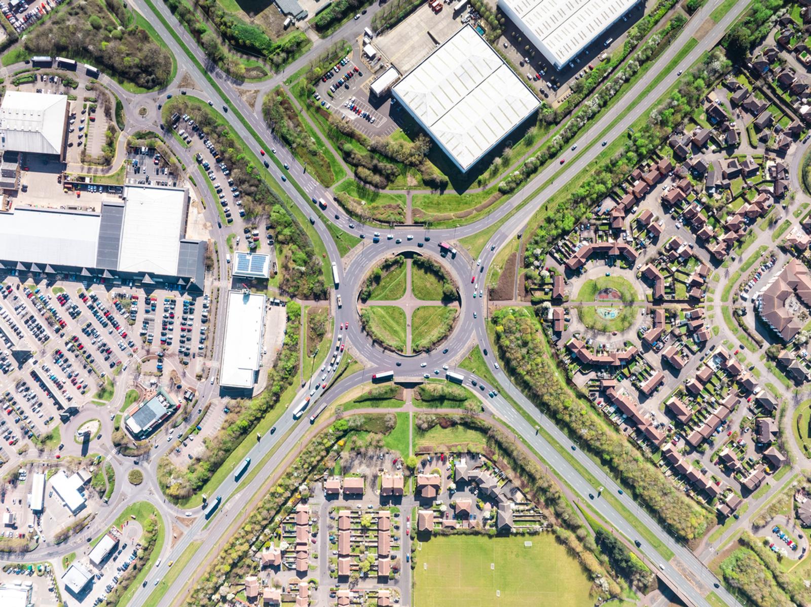 Aerial view of round about near Kingston retail center in Milton Keynes, UK