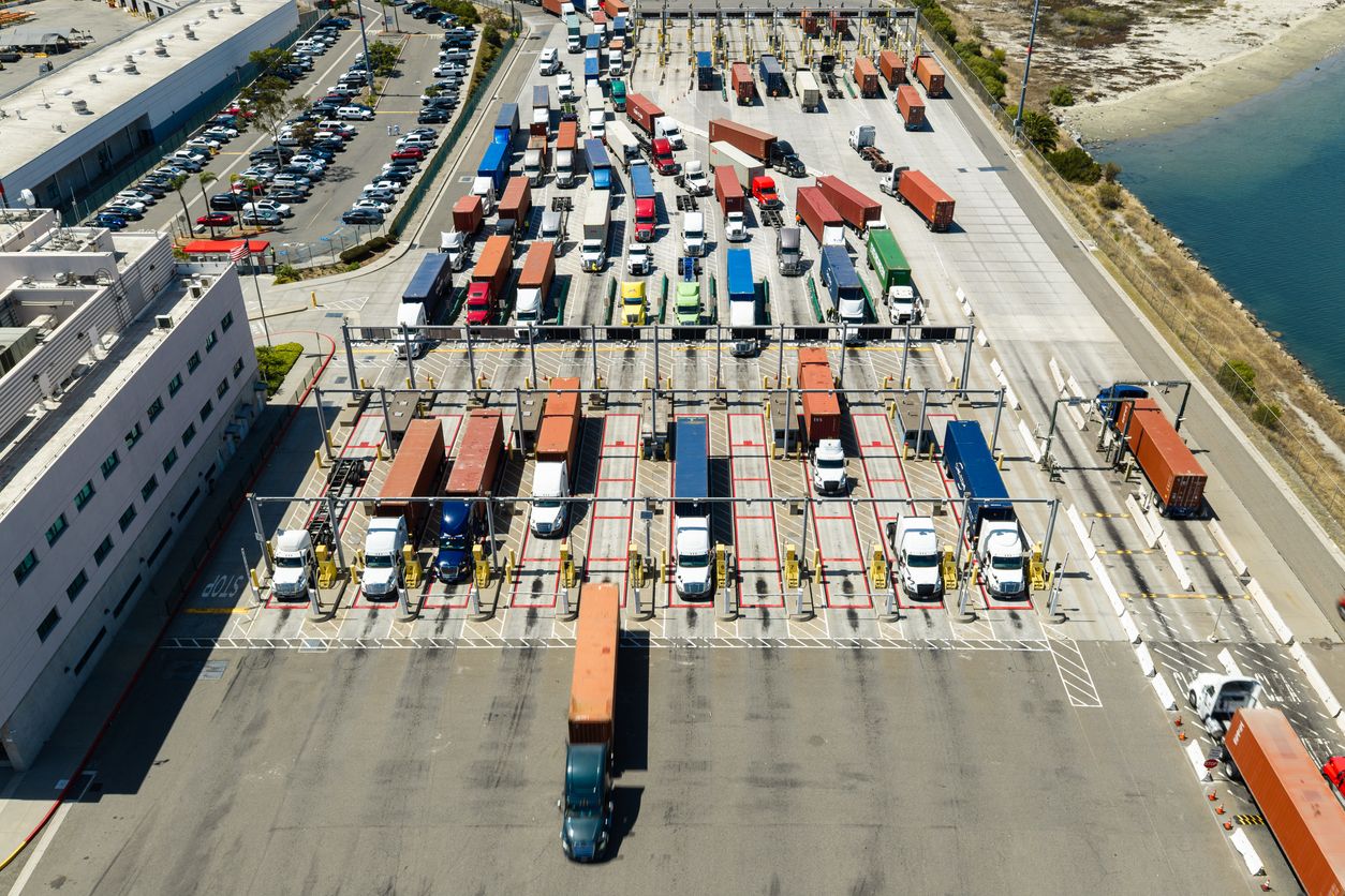 Aerial photograph of a marine terminal entry gate at the Port of Los Angeles