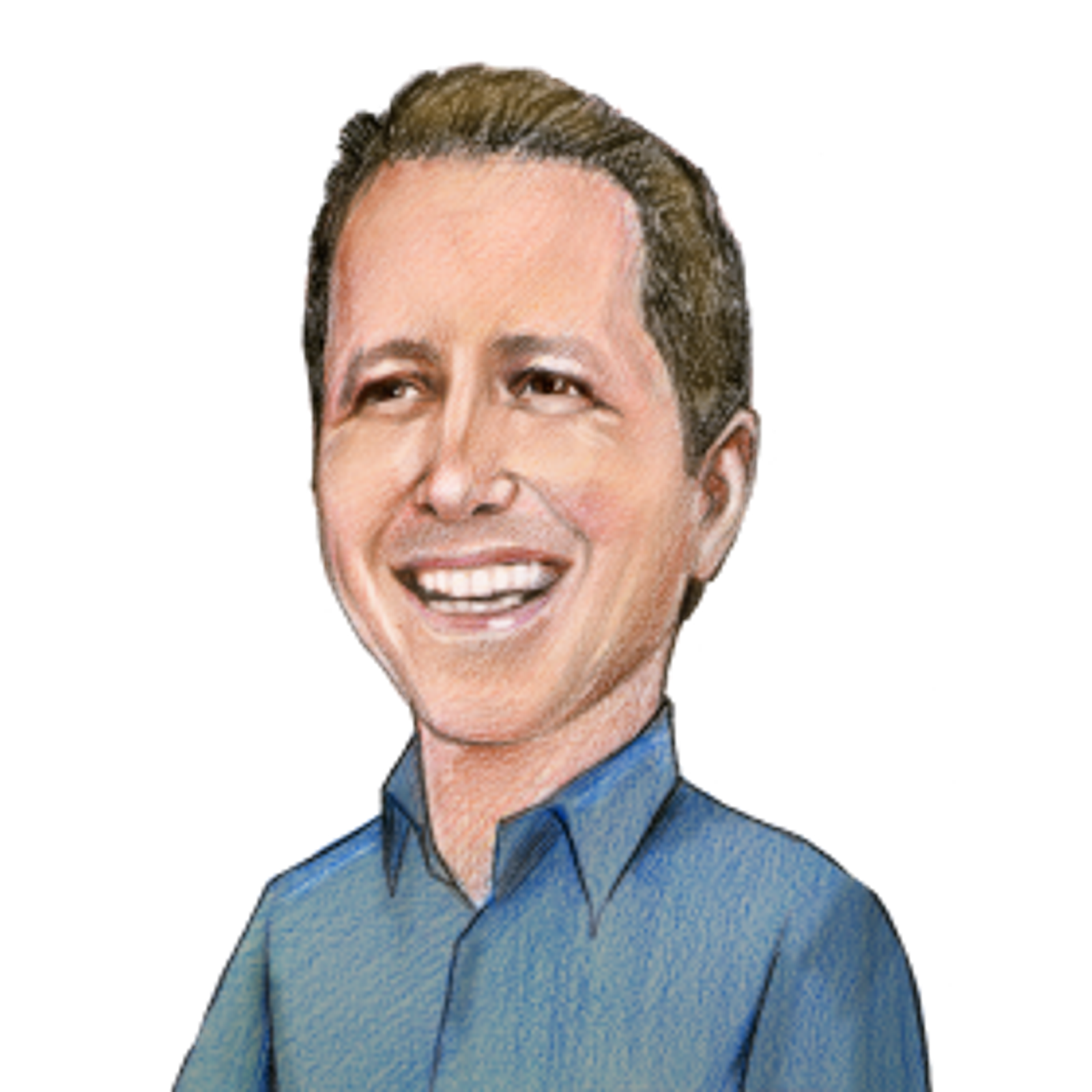Caricature drawing of Eli Rosen with a big smile and short brown hair