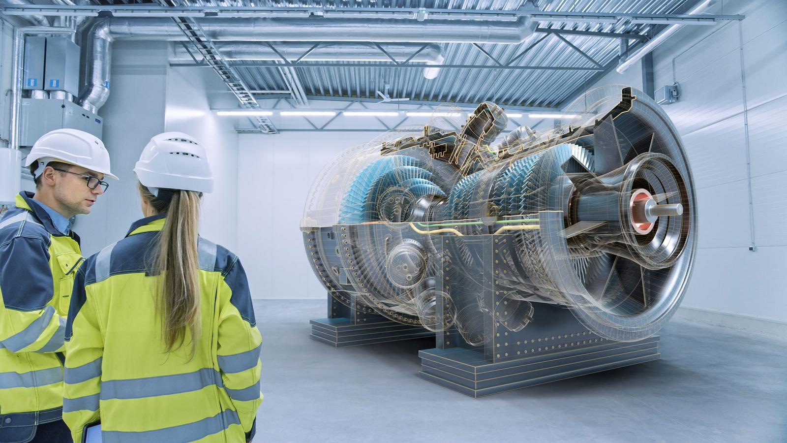 workers examining a digital replica of a machine