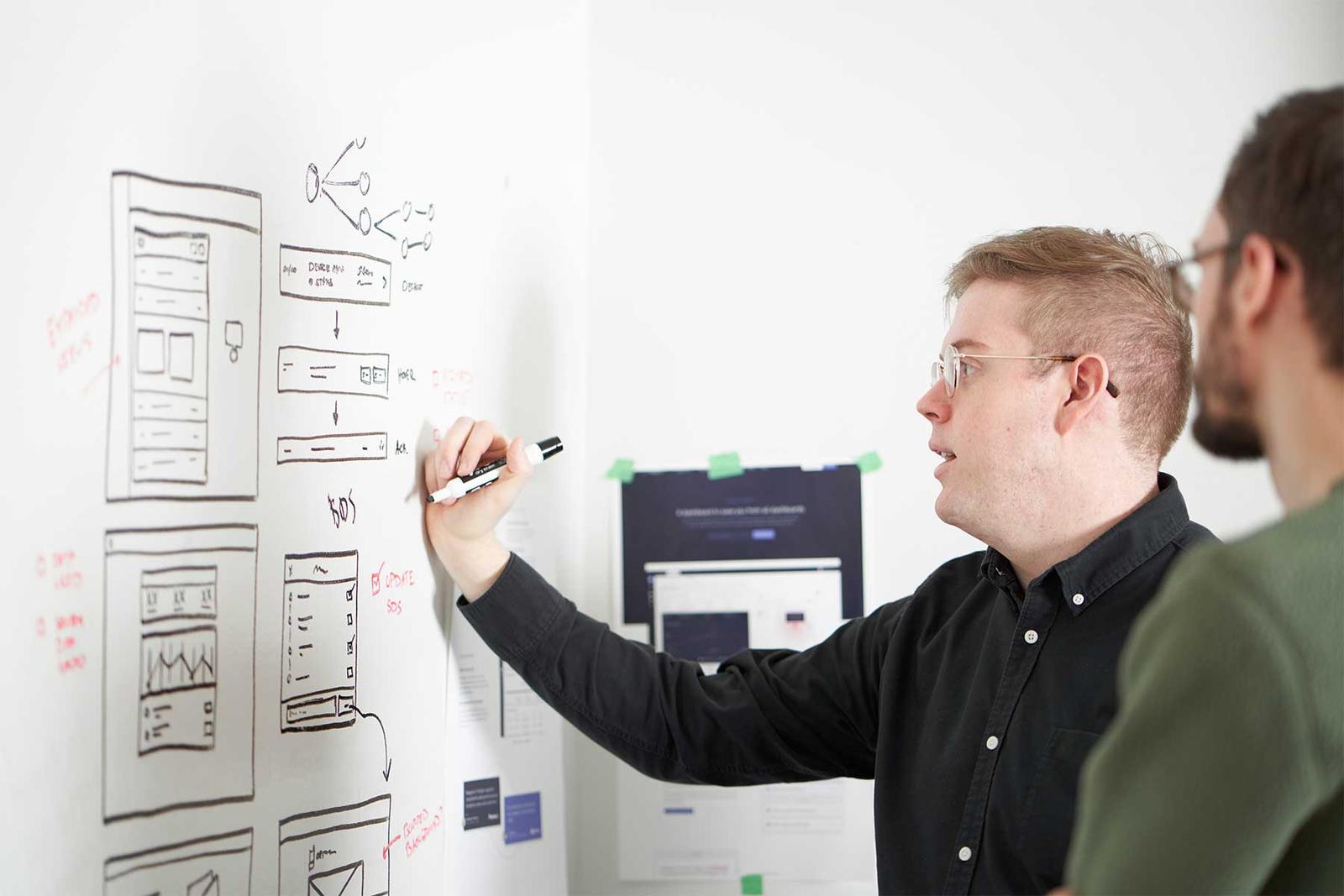 two office workers drawing on a whiteboard