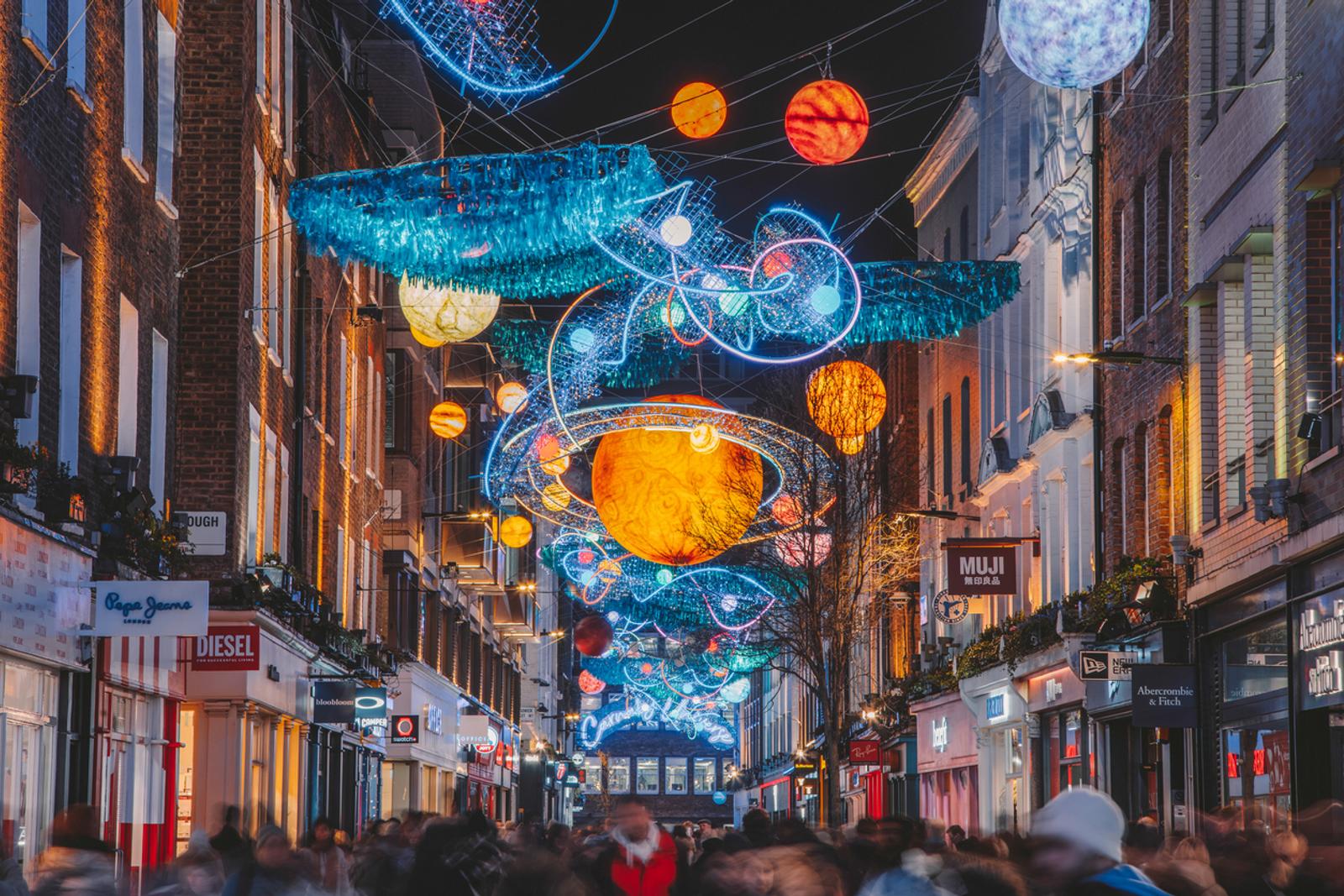 Carnaby Street in London with vibrant, ocean-themed decorations