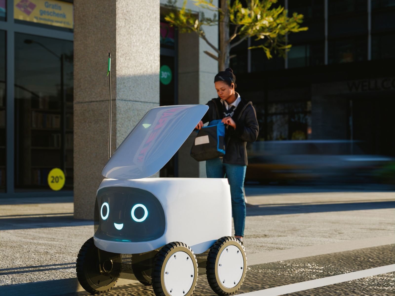 A woman takes an item from a delivery robot