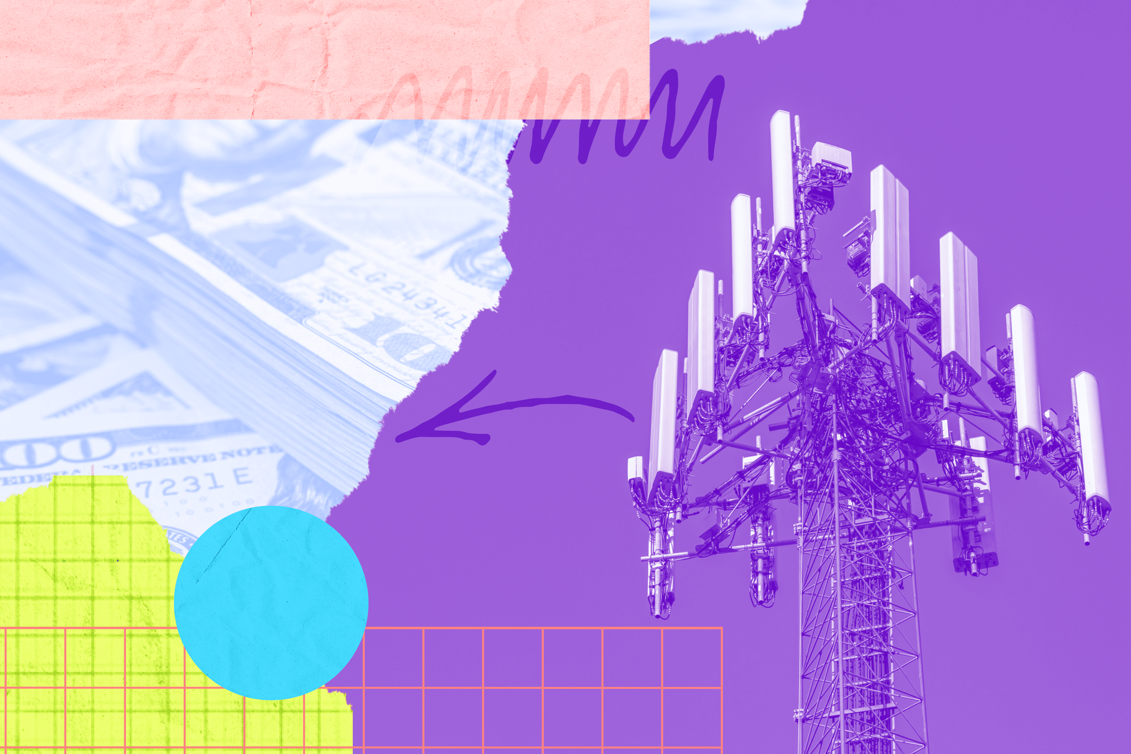 Illustration of a cell tower and stacks of money