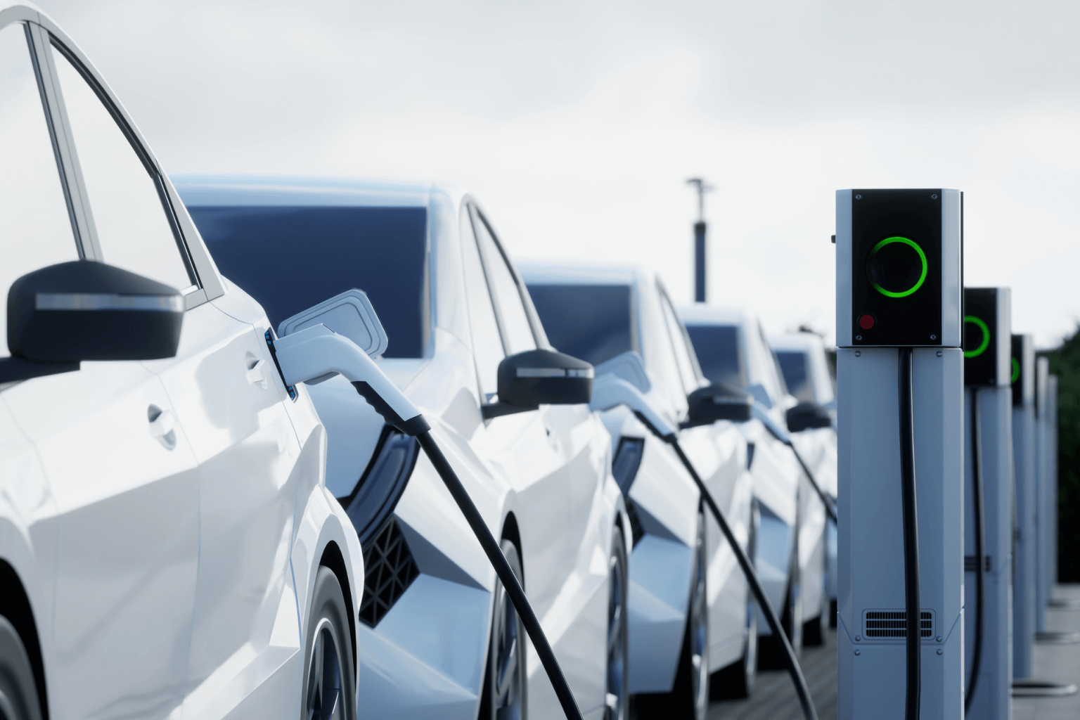 A row of white electric cars charging at an EV charging station