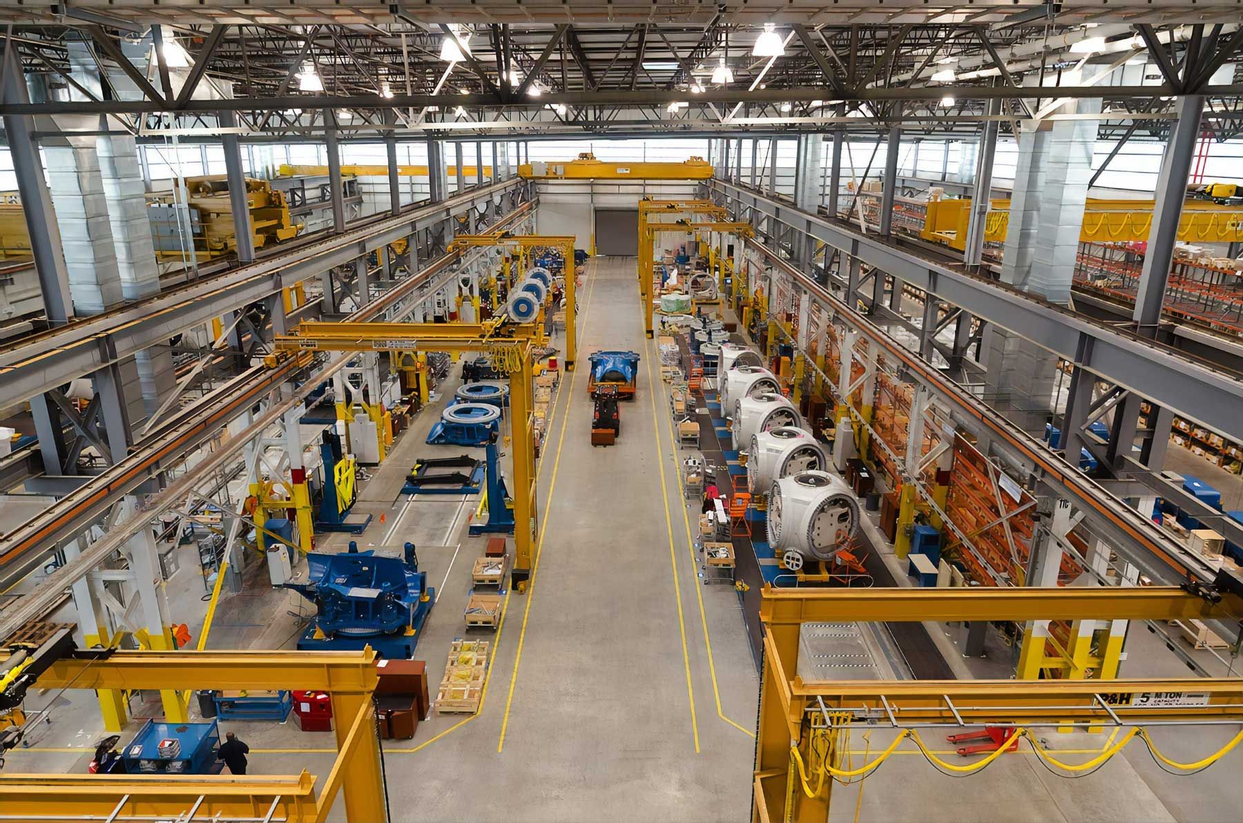 Manufacturing plant making wind turbines on assembly line