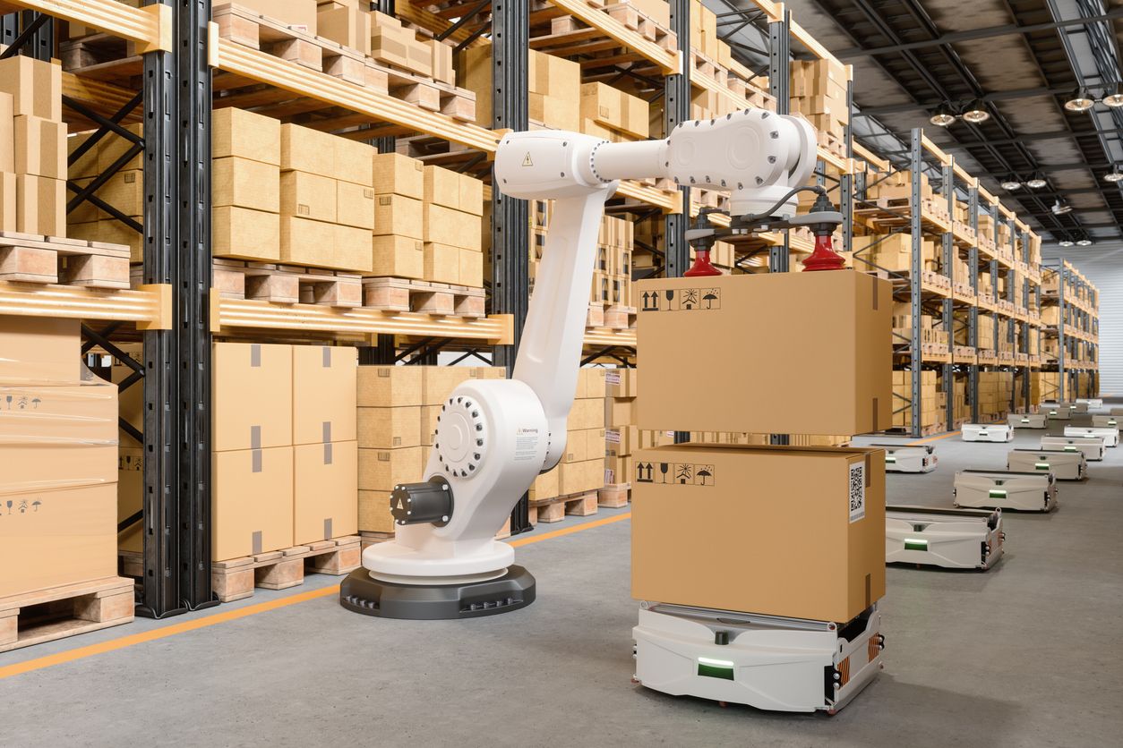 Smart warehouse with robot arm putting cardboard boxes