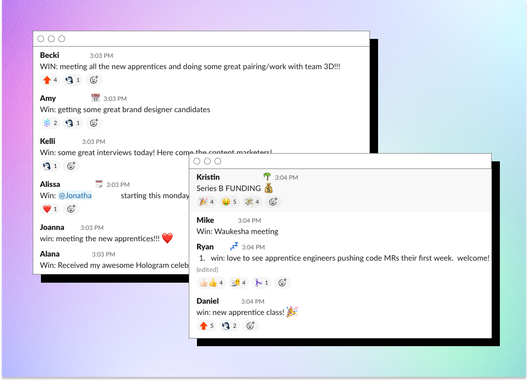Some of our recent "wins" posted in our Slack channel