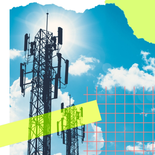 Stylized photo of 5G towers and a bright blue sky