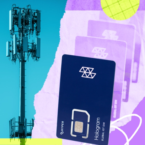 Image of Hyper SIM cards and a 5G tower