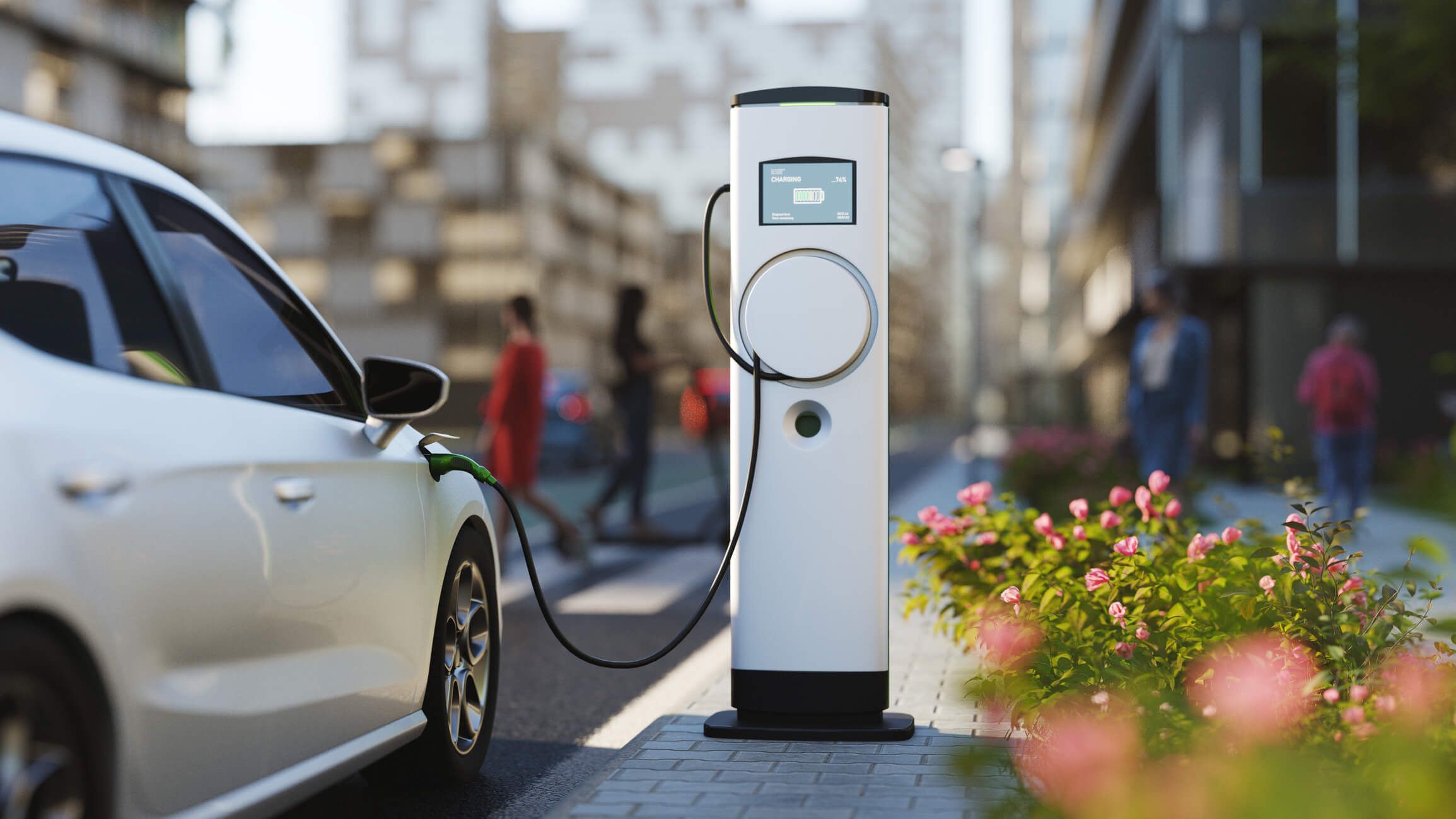 An EV charging station in the middle of a city