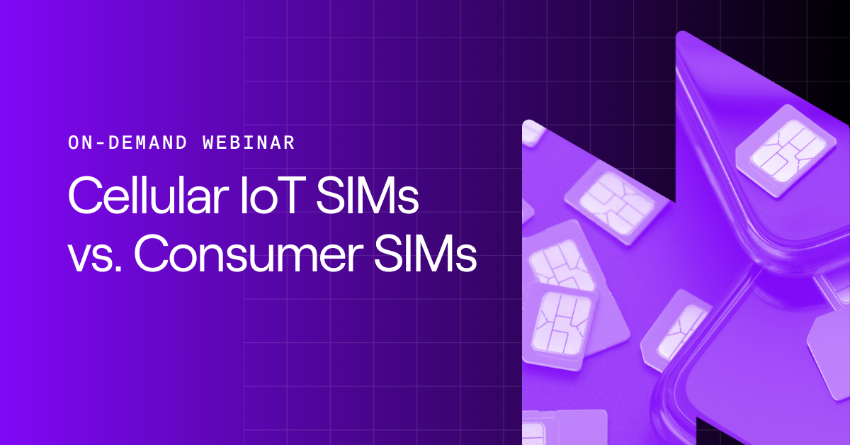 Cellular IoT SIMs vs Consumer SIMs on a purple background