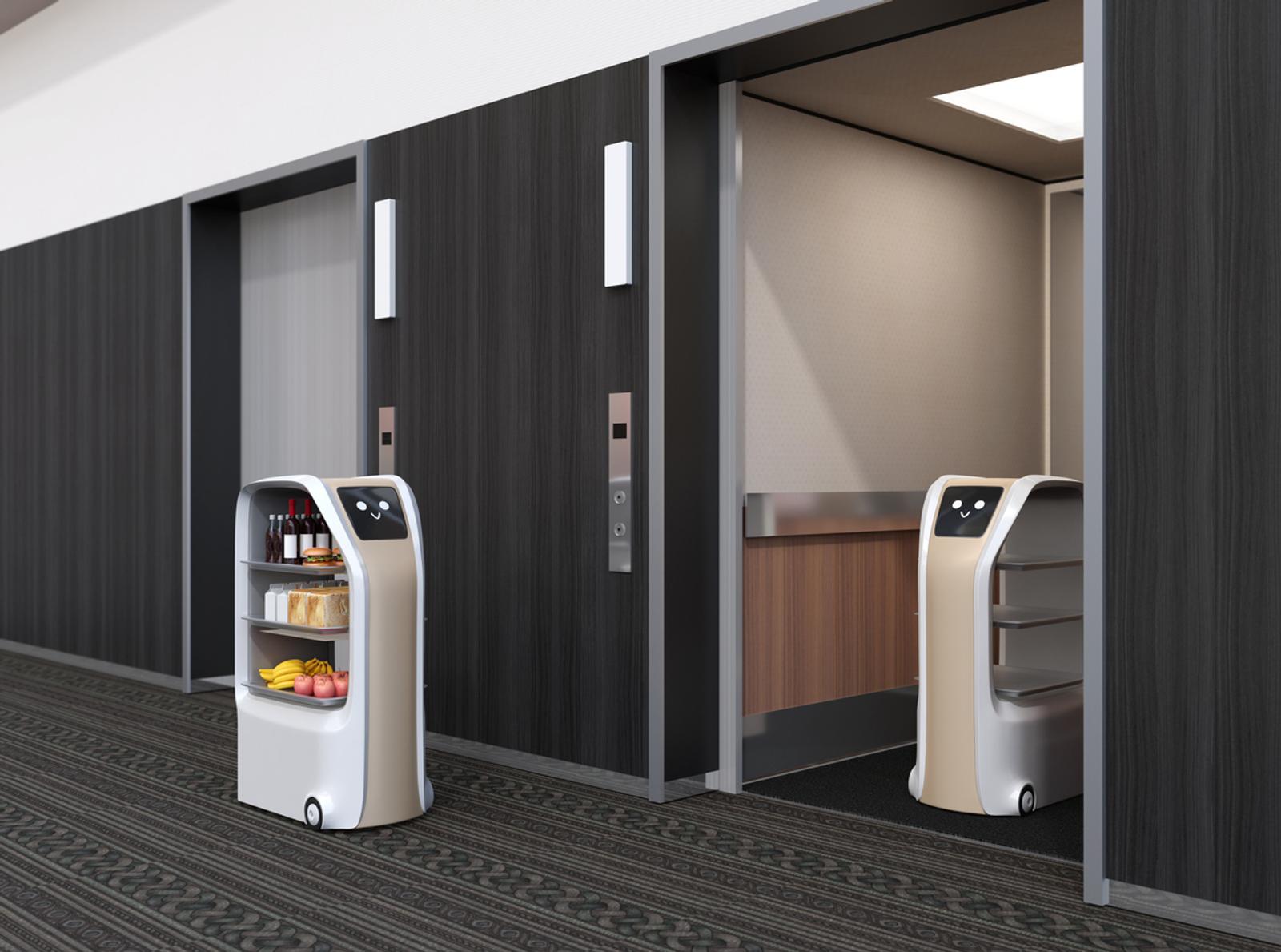 Delivery robot in elevator, another one carry food moving in the hall
