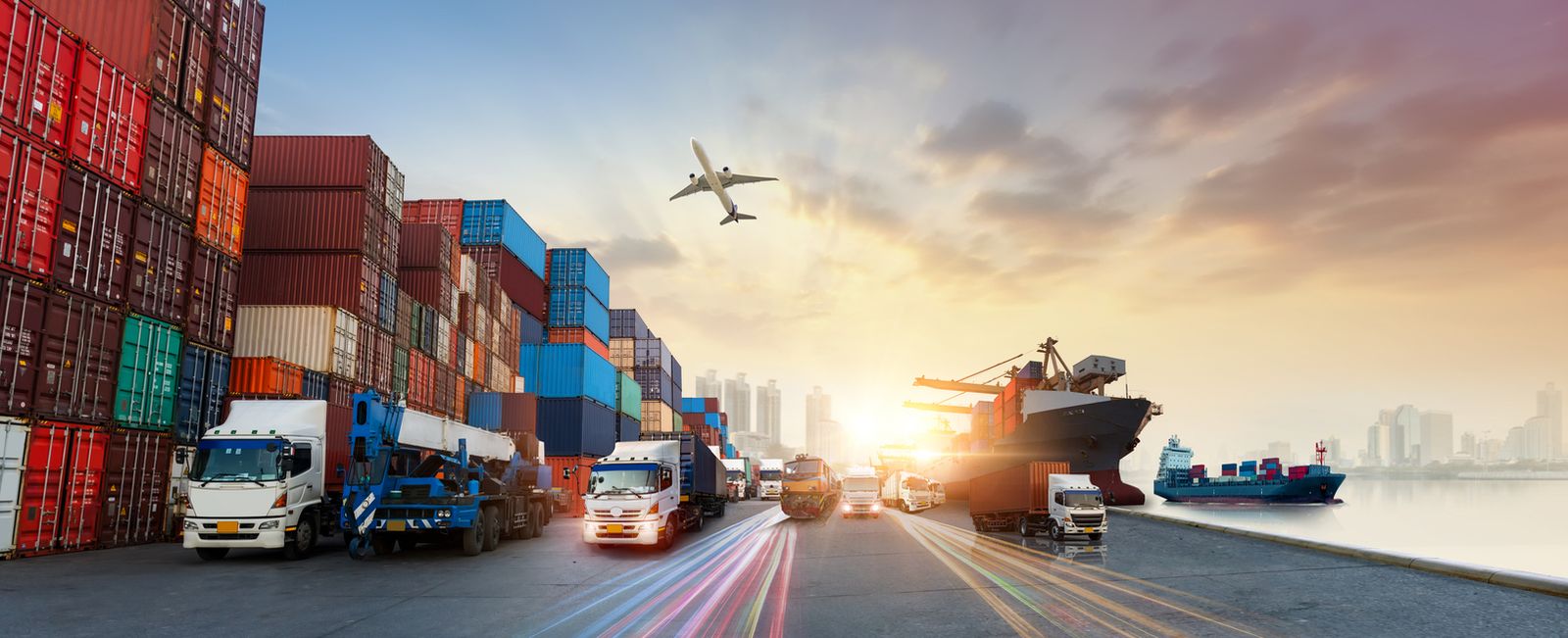 Container cargo, freight truck cargo, plane, rail, and ship to show that assets can be tracked no matter the mode of transportation.