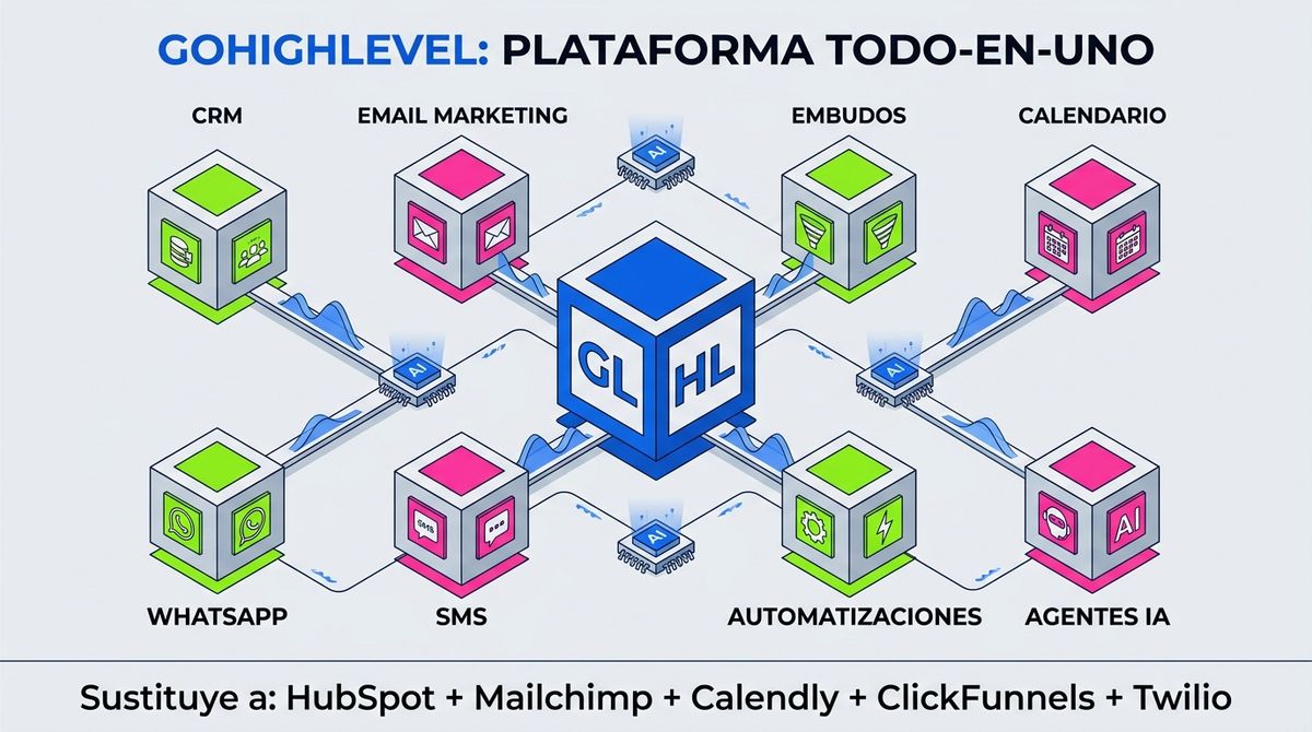 Infografía: ecosistema GoHighLevel todo-en-uno