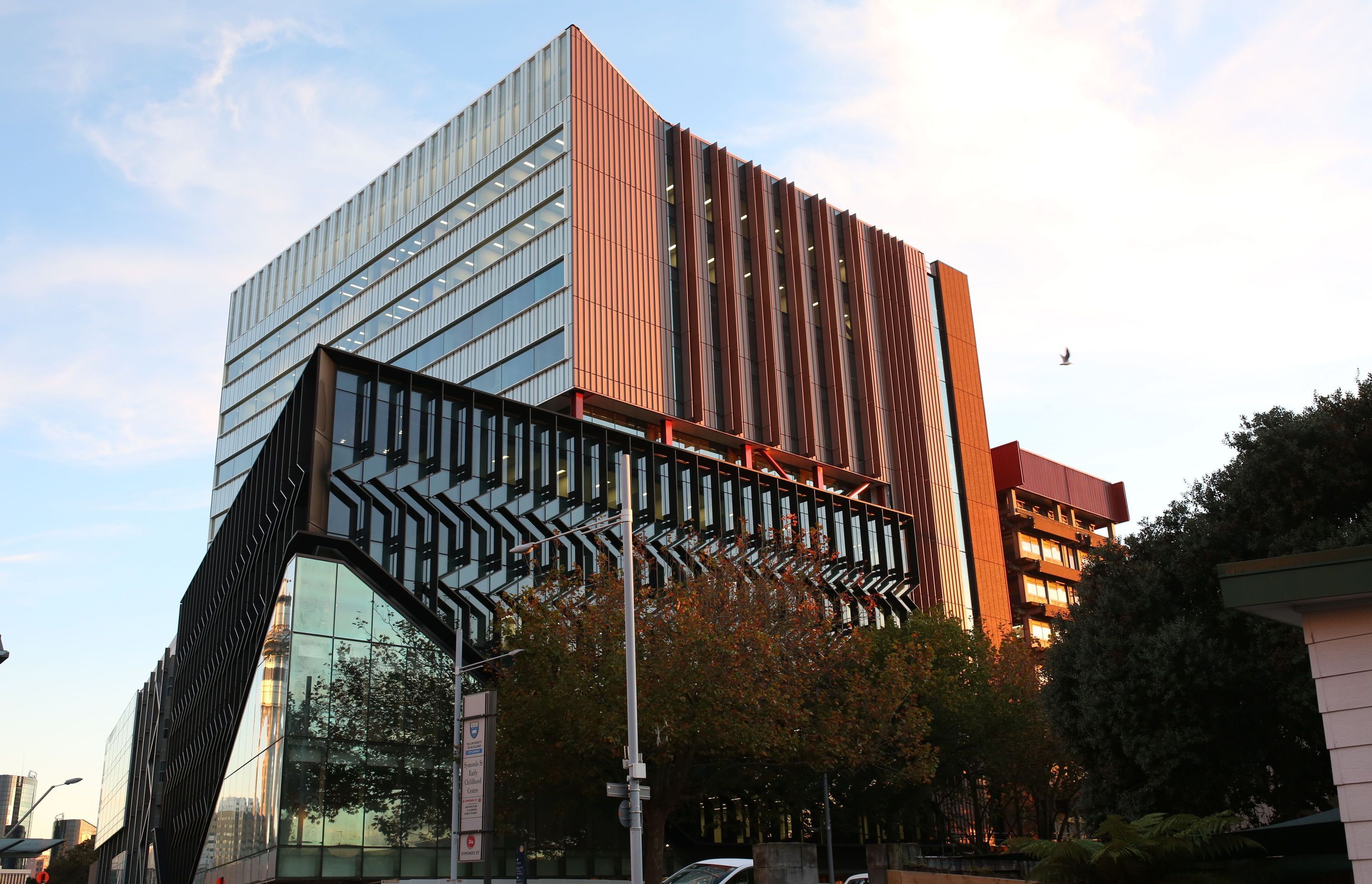 The sciences building at the University of Auckland, a photo taken from street level.