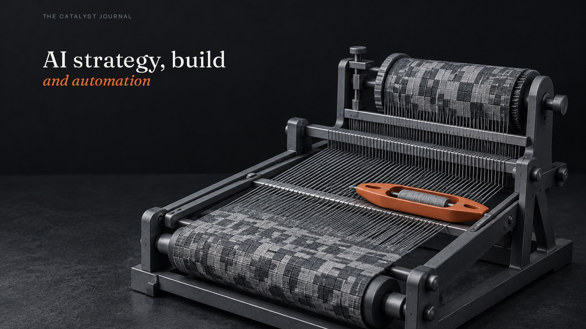 Catalyst editorial cover showing a graphite pattern loom with a terracotta shuttle, representing strategy and build work establishing the path for automation.