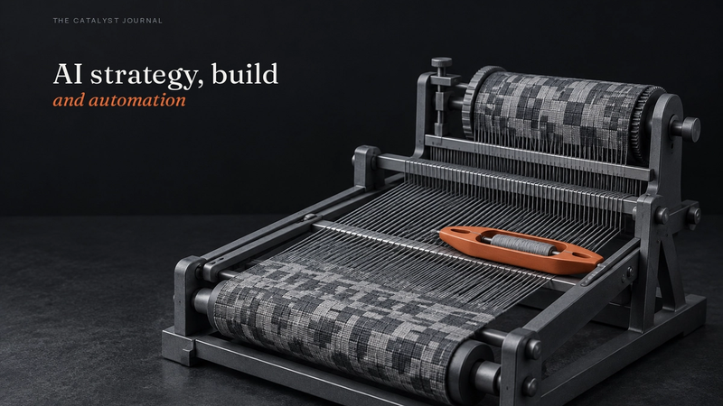 Catalyst editorial cover showing a graphite pattern loom with a terracotta shuttle, representing strategy and build work establishing the path for automation.
