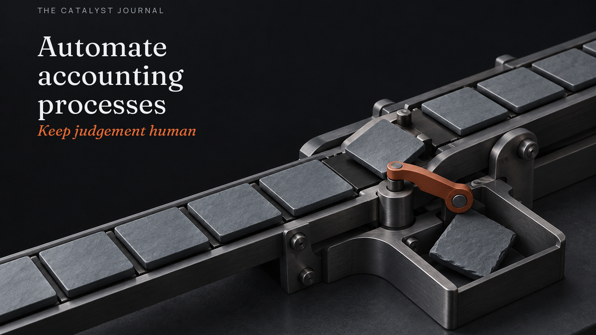 Catalyst Journal cover with a graphite accounting process mechanism and one terracotta exception route for human judgement.