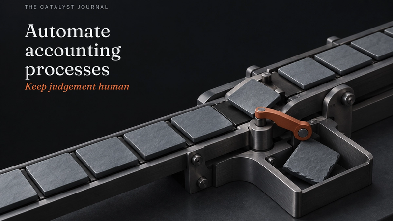 Catalyst Journal cover with a graphite accounting process mechanism and one terracotta exception route for human judgement.